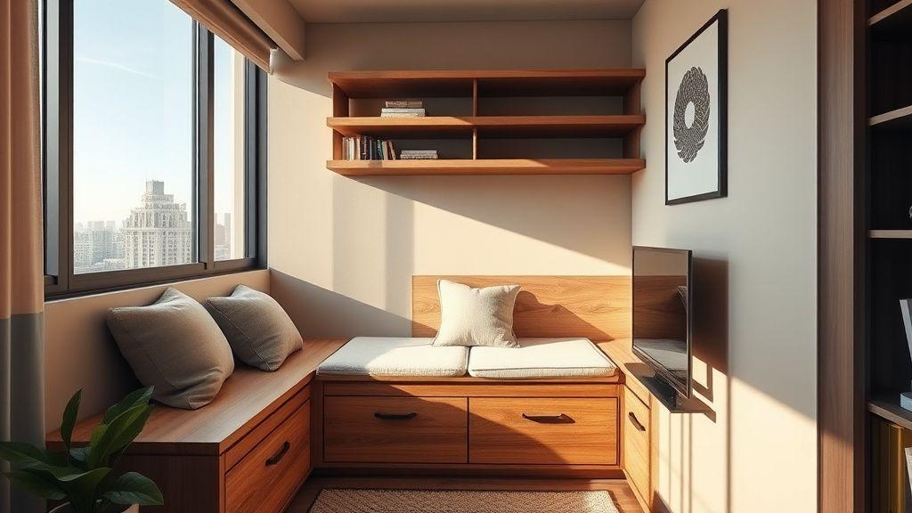 Compact condo living corner with built-in bench and shelving