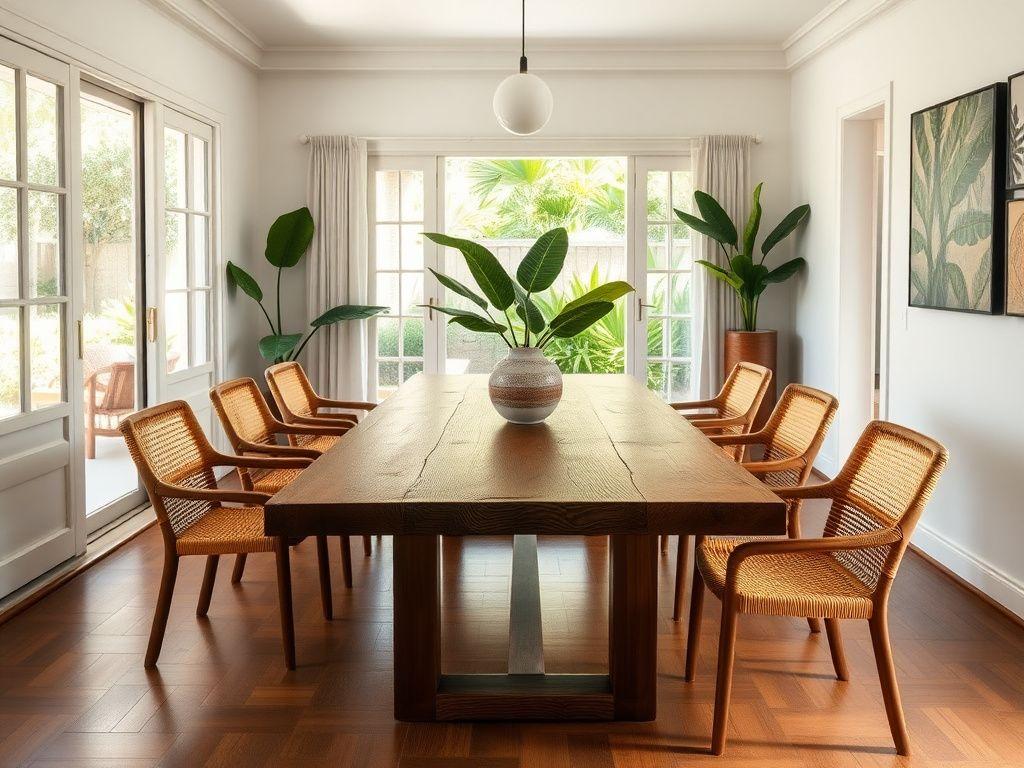 Solid wood dining table with rattan-back chairs