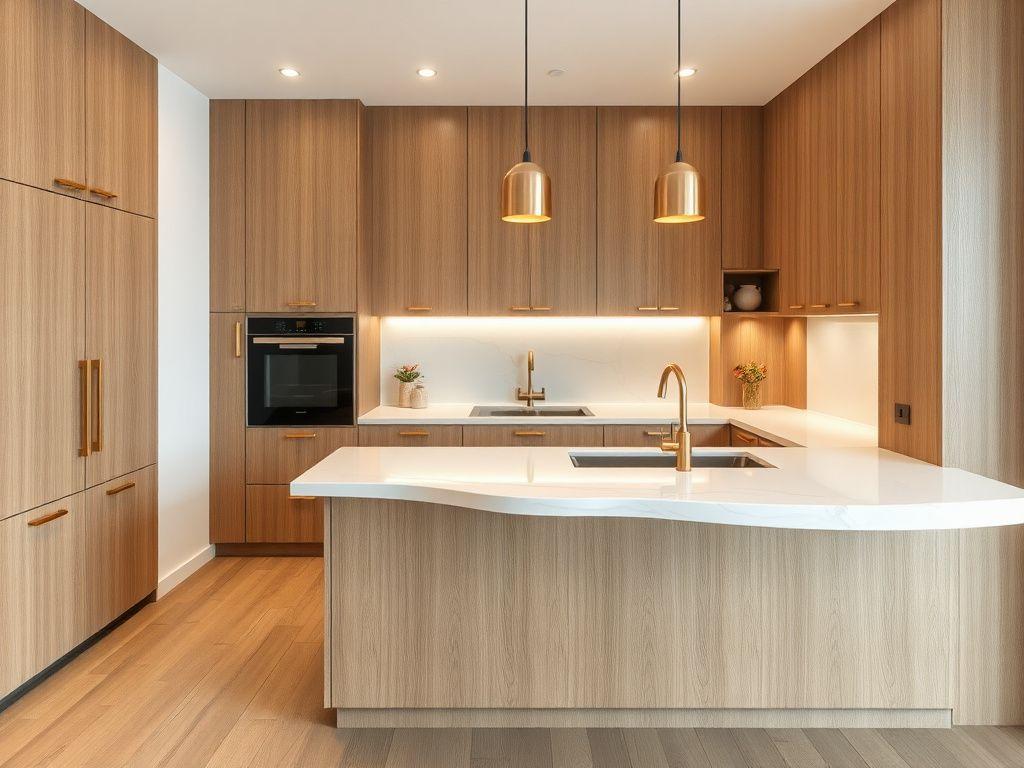 Custom oak kitchen cabinetry with quartz worktop