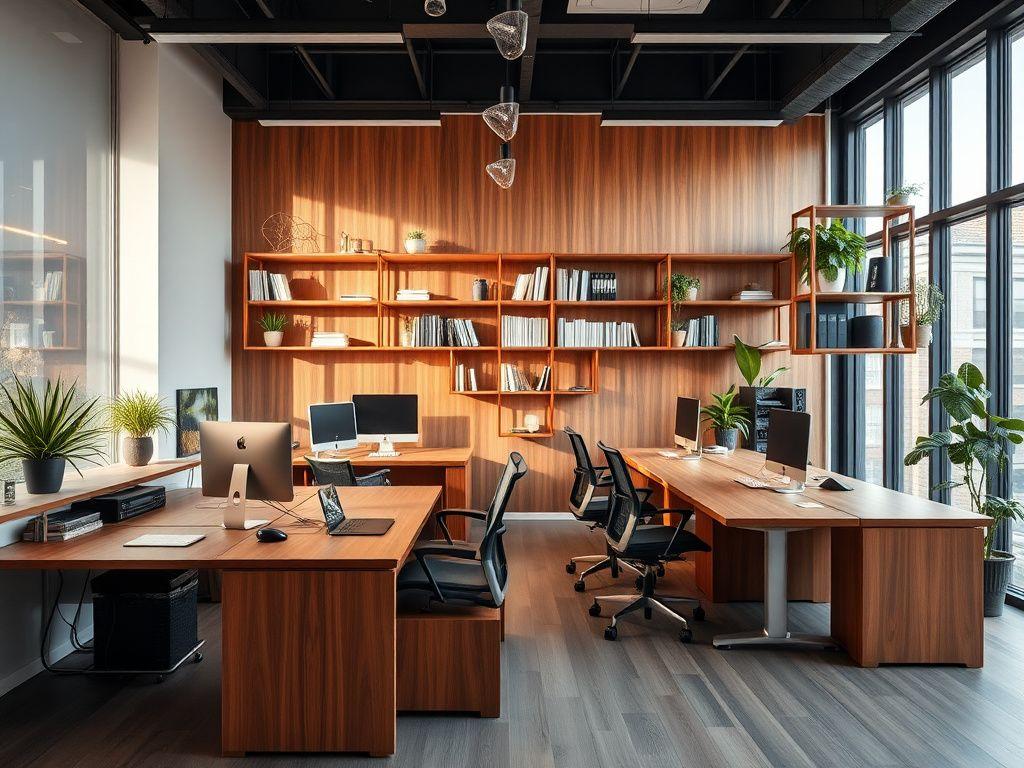Custom meranti office desk and shelving in a workspace