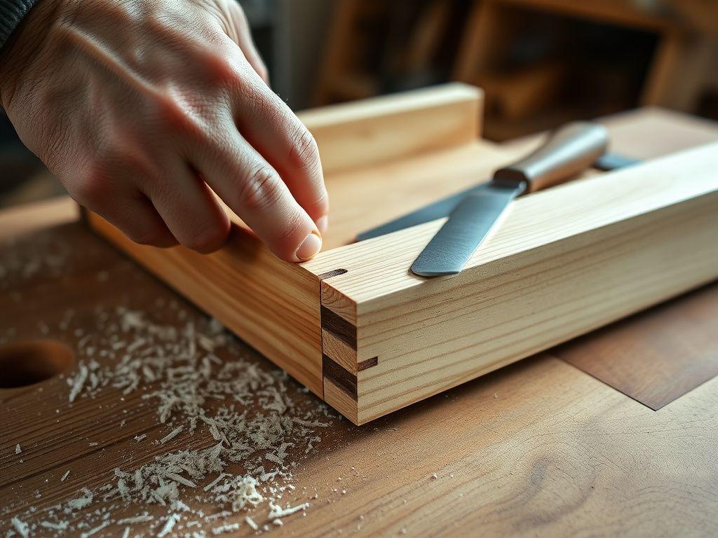 Close-up of a joiner fitting a dovetail joint in teak