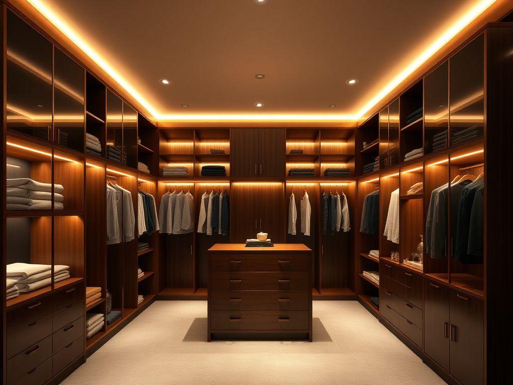 Walnut walk-in wardrobe with open shelving and drawers