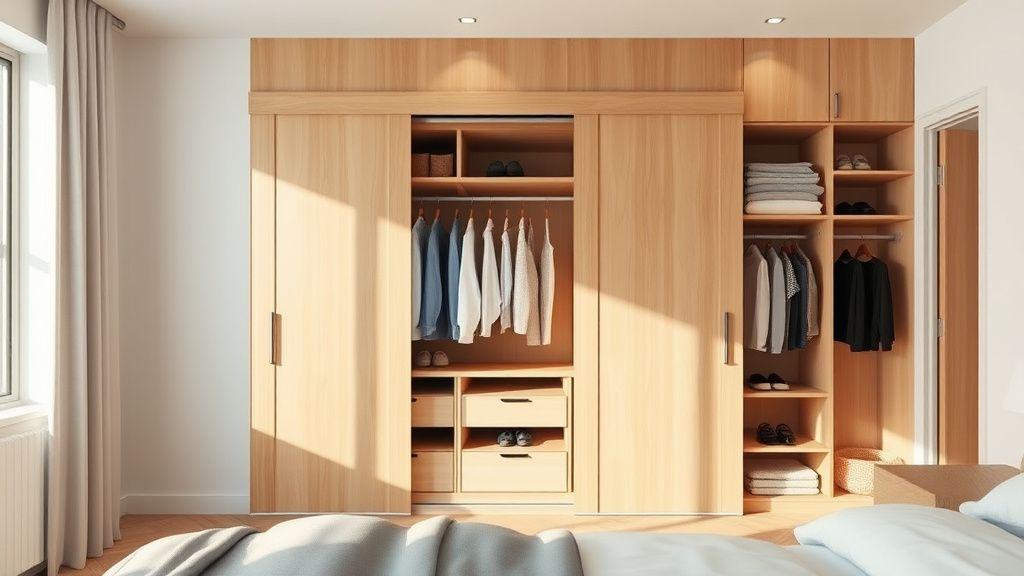 Sliding-door wardrobe half open showing internal fittings