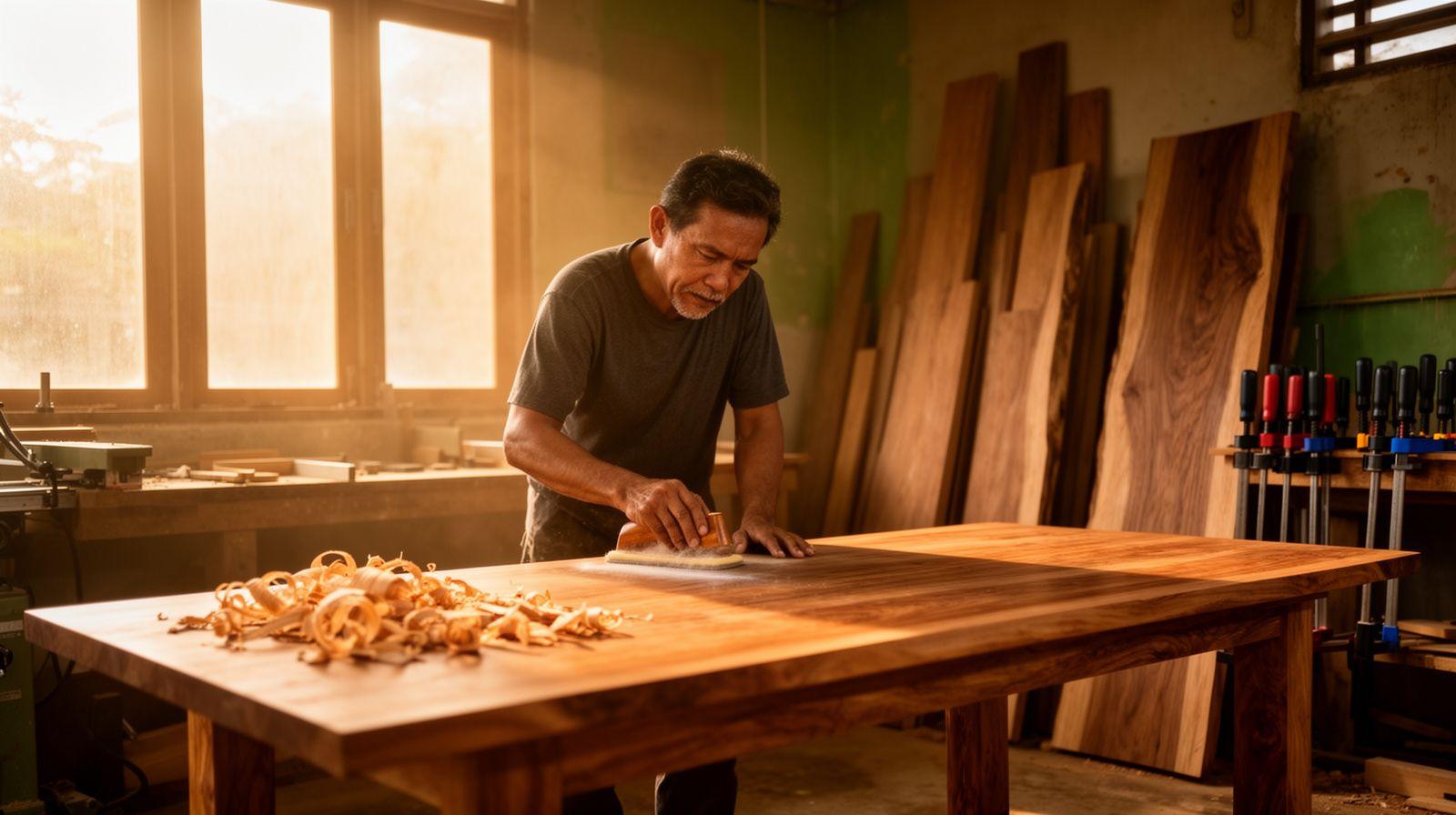 Carpenter finishing a solid wood tabletop in the Alpinyx workshop